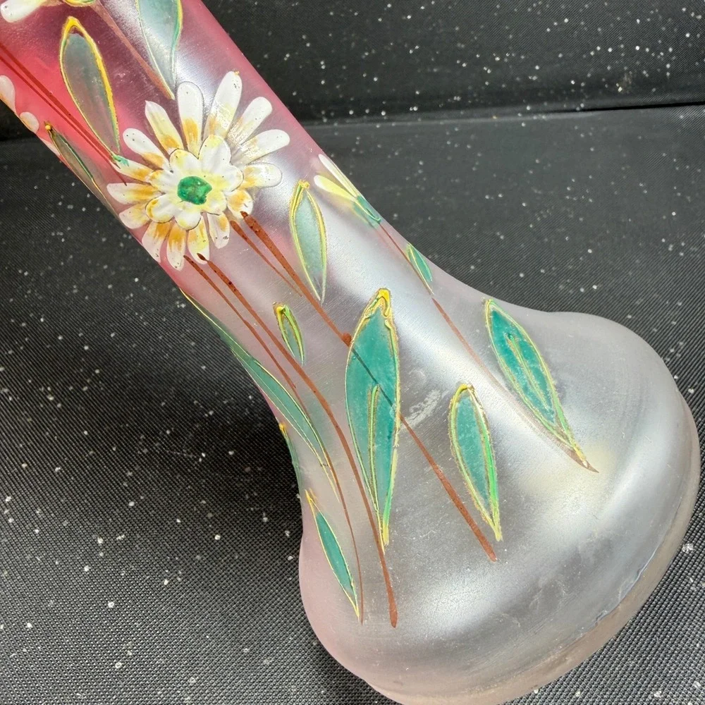 Satin Rubina Bohemian Cranberry Frosted Glass Enameled Daisy Vase 11.5 Inch